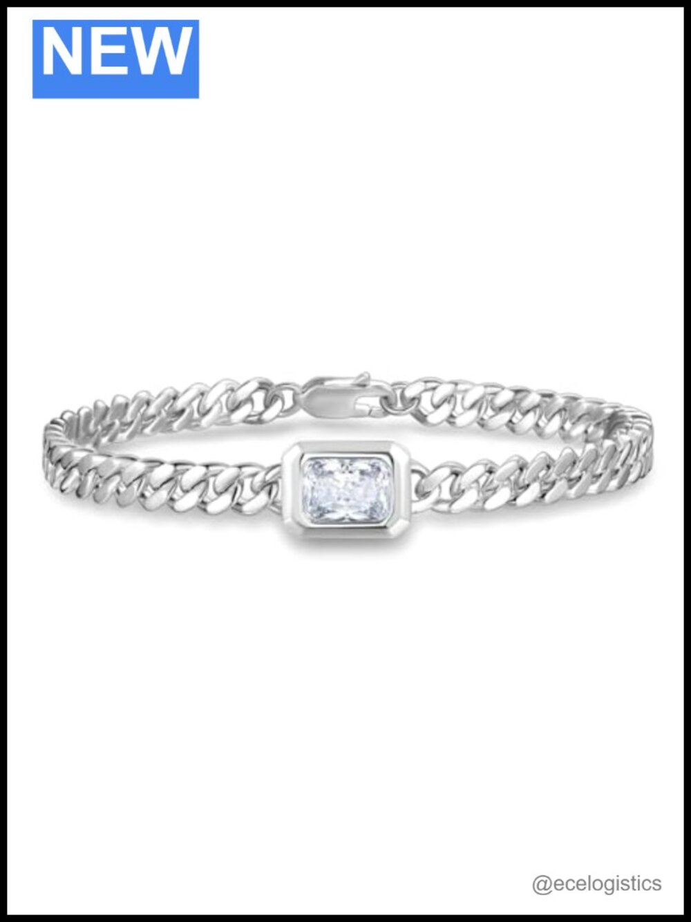 Sterling Silver Cuban Chain Link Bracelet Cubic Zirconia 7"